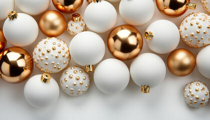 Christmas ornament decoration, shiny gold ball on winter background generated by AI