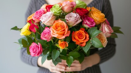 Top view of woman holding vibrant bouquet of colorful roses, copy space for text.