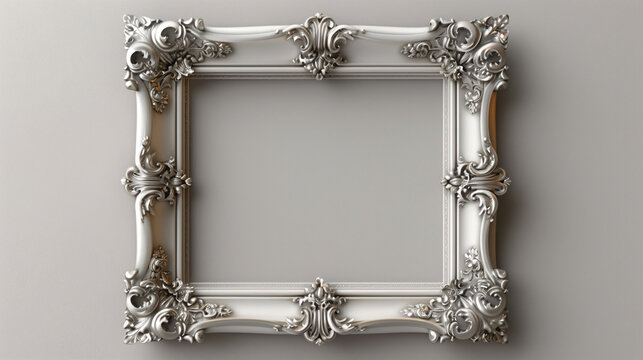 3D rendering of a vintage silver frame on a gray background.  