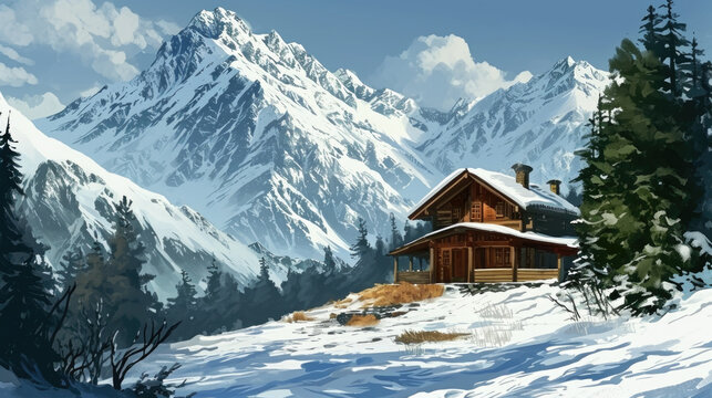 Beautiful painting of cabin nestled in mountains. Perfect for adding touch of tranquility to any space