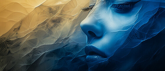 Capture the enigmatic visage of a woman amidst abstract blue and yellow textures. Ultra-wide gradient premium backdrop ideal for diverse creative projects. Exclusive vintage style