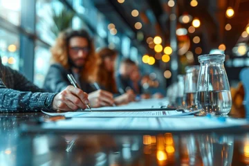 Foto op Canvas A diverse group of individuals gather around a table, their pens furiously scribbling on papers as they discuss important matters over glasses of water and plates of food, the light from the indoor s © familymedia