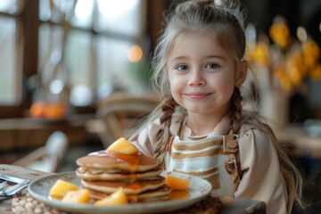A young girl indulges in a tasty breakfast treat with a radiant smile, capturing the joy of simple pleasures and the innocence of childhood