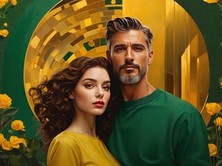 a father and his adult daughter in Modern Realistic Art Nouveau style, Man and woman, Grean and Golden background, Generative AI
