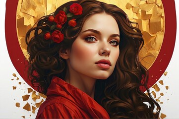 Woman in Art Nouveau, Modern Realistic style, Red and gold color, Glamour, Good for postcards, web banner, poster and canvas. Generative AI