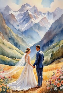 bride and groom in the mountains. Romantic wild flowers, summer time. Good for postcards, poster, book cover and canvas, Generative AI	