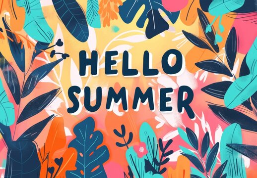 HELLO SUMMER banner in the style of floral, flat orange and magenta Generative AI