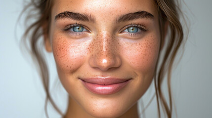 Close up shot of woman with freckles on her face. Versatile image suitable for beauty, skincare, or natural look concepts