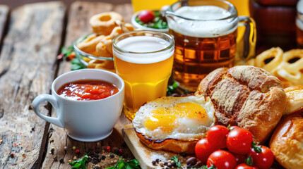 Wooden table with plate of food and cup of beer. Perfect for food and beverage concepts