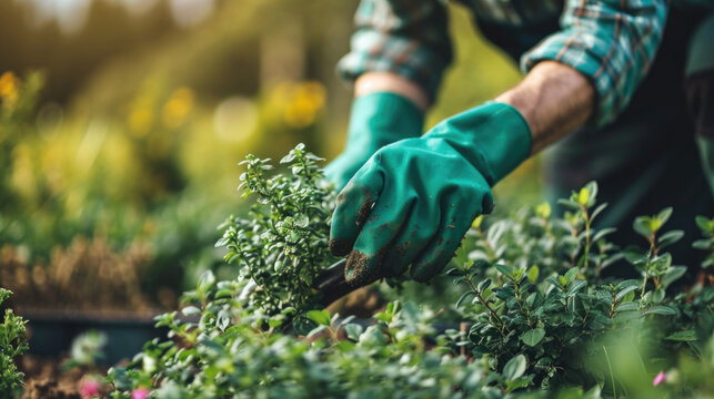 Person wearing green gloves is picking plant. This image can be used to showcase gardening, horticulture, or nature-related themes
