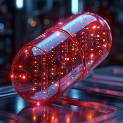 Pills and capsules in a futuristic shape with light spots