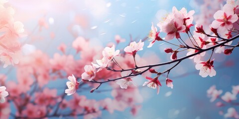 abstract blooming pink cherry branch on a light background. Generative AI
