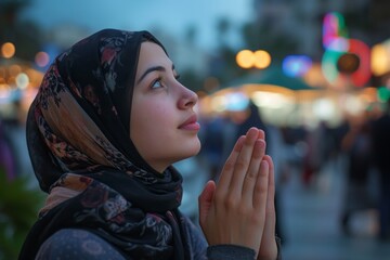 A young woman in a vibrant city square at dusk, finding a moment for prayer amidst the hustle and...