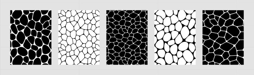 Black and white voronoi backgrounds vector set. Irregular geometric cells backdrops. Stones template covers collection for web tiles and brochures, science cards and interior designs.