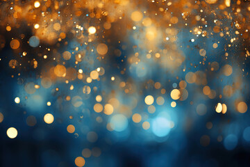Multicolored bokeh, luminous rain, blurred lights, golden confetti on a blue background. - 738311941