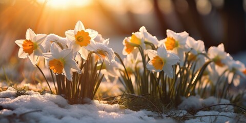 Narcissus in the spring in the first rays of the sun. First spring flower. Generative AI