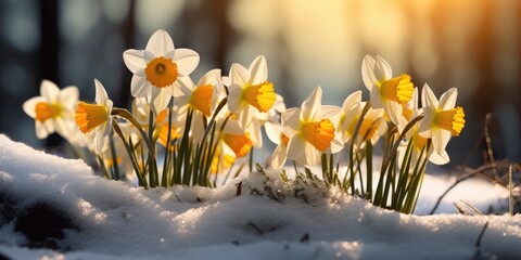Narcissus in the spring in the first rays of the sun. First spring flower. Generative AI