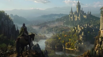 Bring to life an epic fantasy landscape complete with towering castles, mystical forests, and a valiant knight on horseback embarking on a quest.