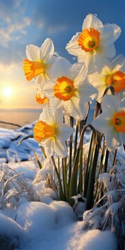 Fototapeta Close-up of Narcissus in the snow in spring. Glade of flowers. First spring flower. Generative AI