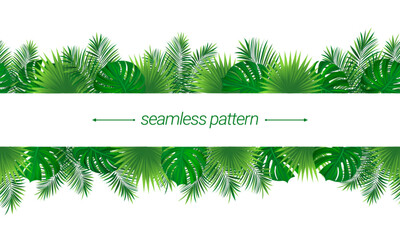 tropical rainforest seamless border frame. repeated vector illustration with exotic tropic leaves, plants and grass. Summer, travelling, vacation design. Cute amazon foliage template wallpaper