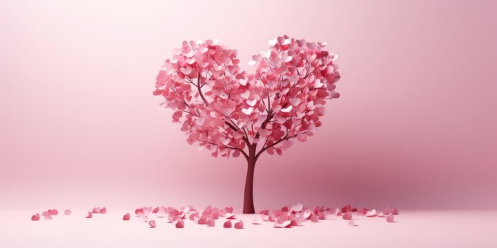 Heart shaped tree with many small hearts on a pink background