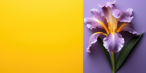 Purple iris flower on a yellow background, space for text, top view