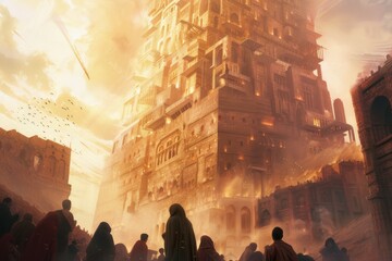 An atmospheric depiction of the Tower of Babel with people speaking different languages, showcasing the diversity of humanity and the origin of cultures. - obrazy, fototapety, plakaty