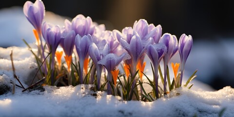 The first spring crocus under the snow, the beginning of spring, the eighth of March. Generative AI