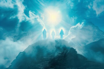 An ethereal image of the Transfiguration of Jesus on the mountain, with Moses and Elijah appearing beside him, radiating divine glory