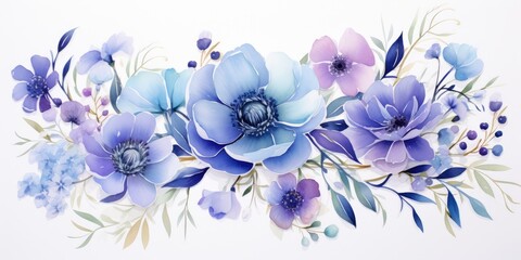 Close up of blue flowers, drawing flowers with paints. Generative AI