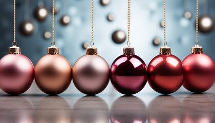 Christmas ornaments in a row, vibrant colors, bright and shiny generated by AI