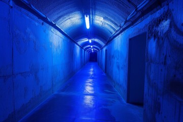 Blue-lit underground bunker, providing a secure and intriguing setting for high-tech product reveals or impactful quotes.