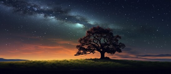 Fototapeta na wymiar Oak Tree At night there is a beautiful blue and green starry sky
