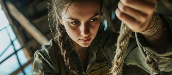 Female boss cutting ropes for artisan macrame creations.