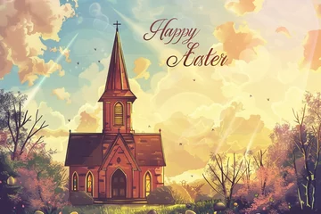 Fotobehang : A vintage-inspired Easter card with a classic illustration of a church steeple and stained glass window bathed in warm sunlight, accompanied by a heartfelt "Happy Easter" message © Pixlab11