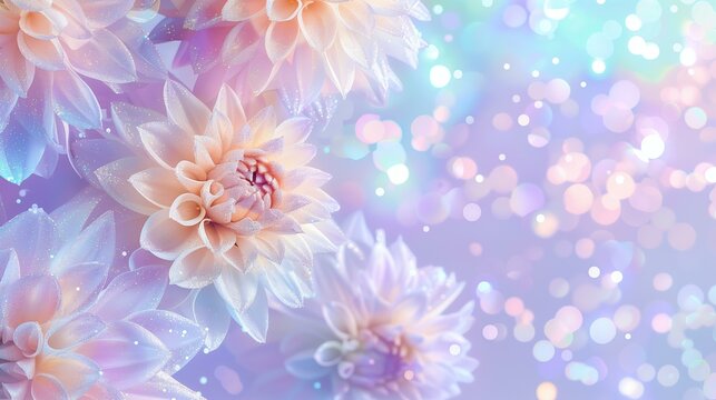 holographic glitter dahlias pattern on a pastel purple background