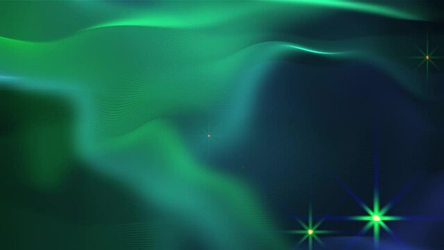 Glowing waves of blue and green tones with twinkling stars. Animated background and club video. Meditation video. Endless cycle. A loop