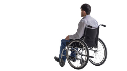 Disable young man in wheelchair, isolated on transparent background, back side view.