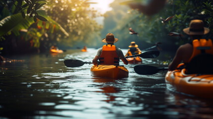 A group of kayakers paddles peacefully down a calm river, surrounded by the dense foliage of a tropical forest in the warm glow of sunset.