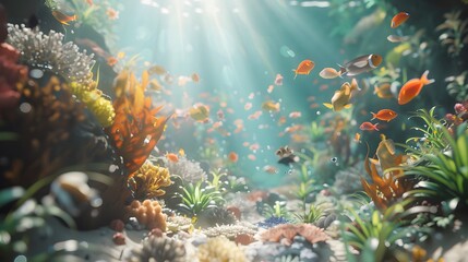 Render a hyper-realistic underwater scene teeming with colorful coral reefs, exotic fish, and shafts of sunlight filtering down from the surface.
