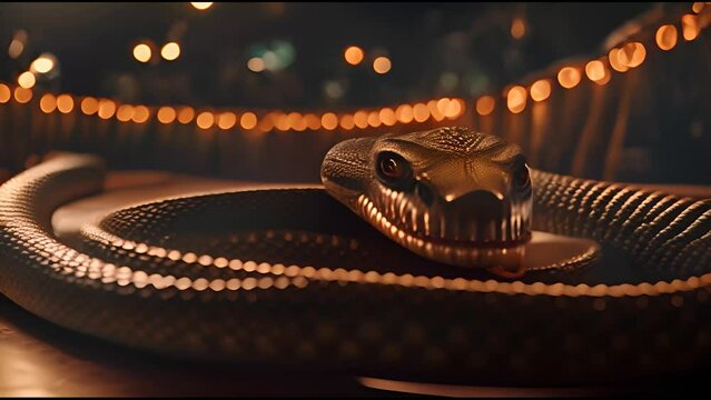 Snake watching the camera, bokeh orange lights in background