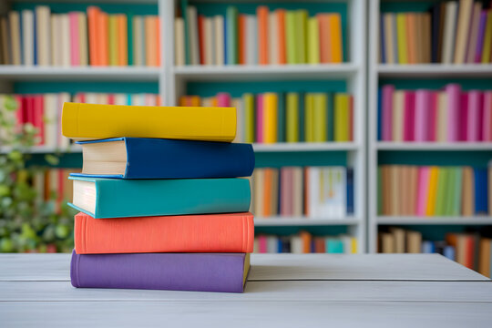 stack of books on table in front of blurred book shelf