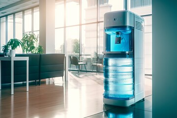 Modern office water cooler in a bright workspace. Concept of hydration, corporate environment,...