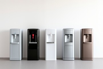Multiple water coolers in different colors side by side. Light background. Concept of hydration options, office amenities, water dispensers, color choices.