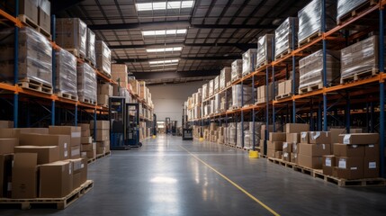 Warehouse interior with shelves of goods in cartons and a forklift. Concept of logistics, storage, supply chain management.