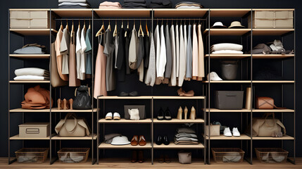 A space-saving multipurpose storage rack in a closet, maximizing vertical storage for clothing, shoes, and accessories, keeping everything neatly organized. 