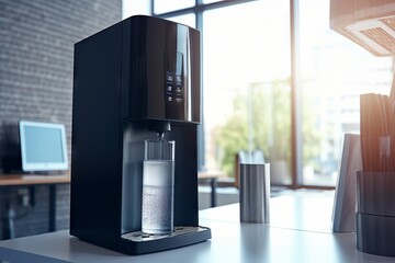 Office black water cooler in a bright, spacious work area. Concept of workplace hydration, modern office, water dispenser, employee wellness. Copy space