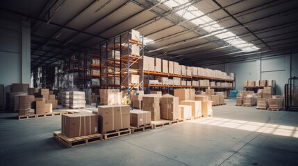 Large warehouse space with high racks and a forklift. Concept of logistics, supply chain solutions, and bulk merchandise storage.