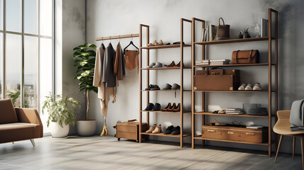  A stylish multipurpose storage rack in a bedroom, showcasing shoes, handbags, and accessories,...