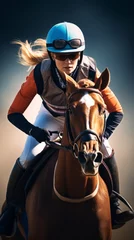 Foto op Canvas Female jockey riding a bay horse in full gallop. Concept of equestrian sport, horseback riding, race training, and athleticism. Vertical format © Jafree